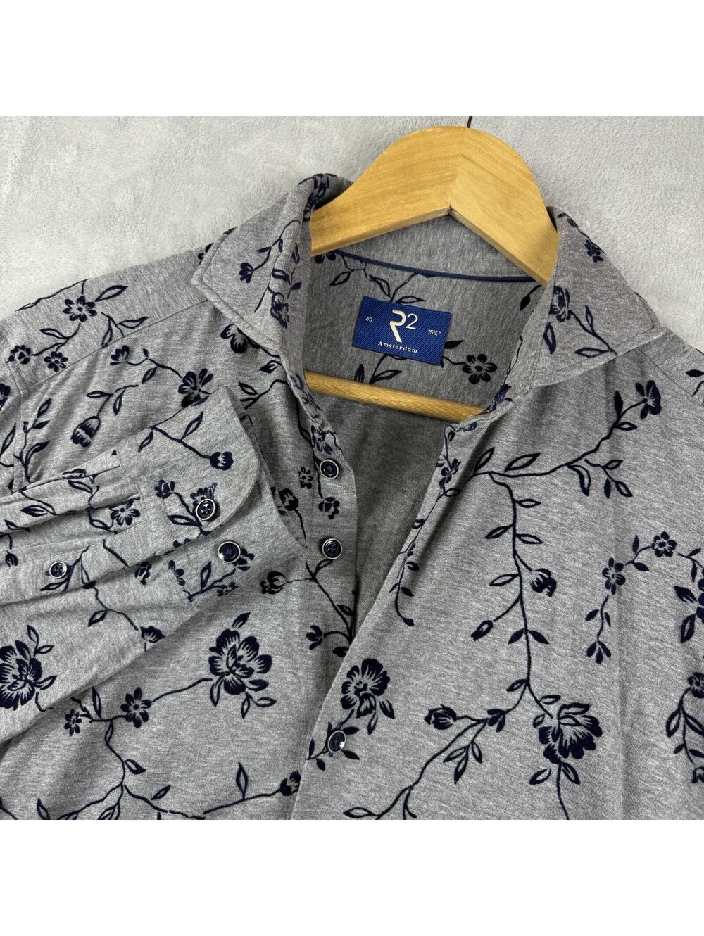 R2 Amsterdam Men’s 40 Gray Navy Floral Print Button Up Shirt 15.75 Soft Stretch